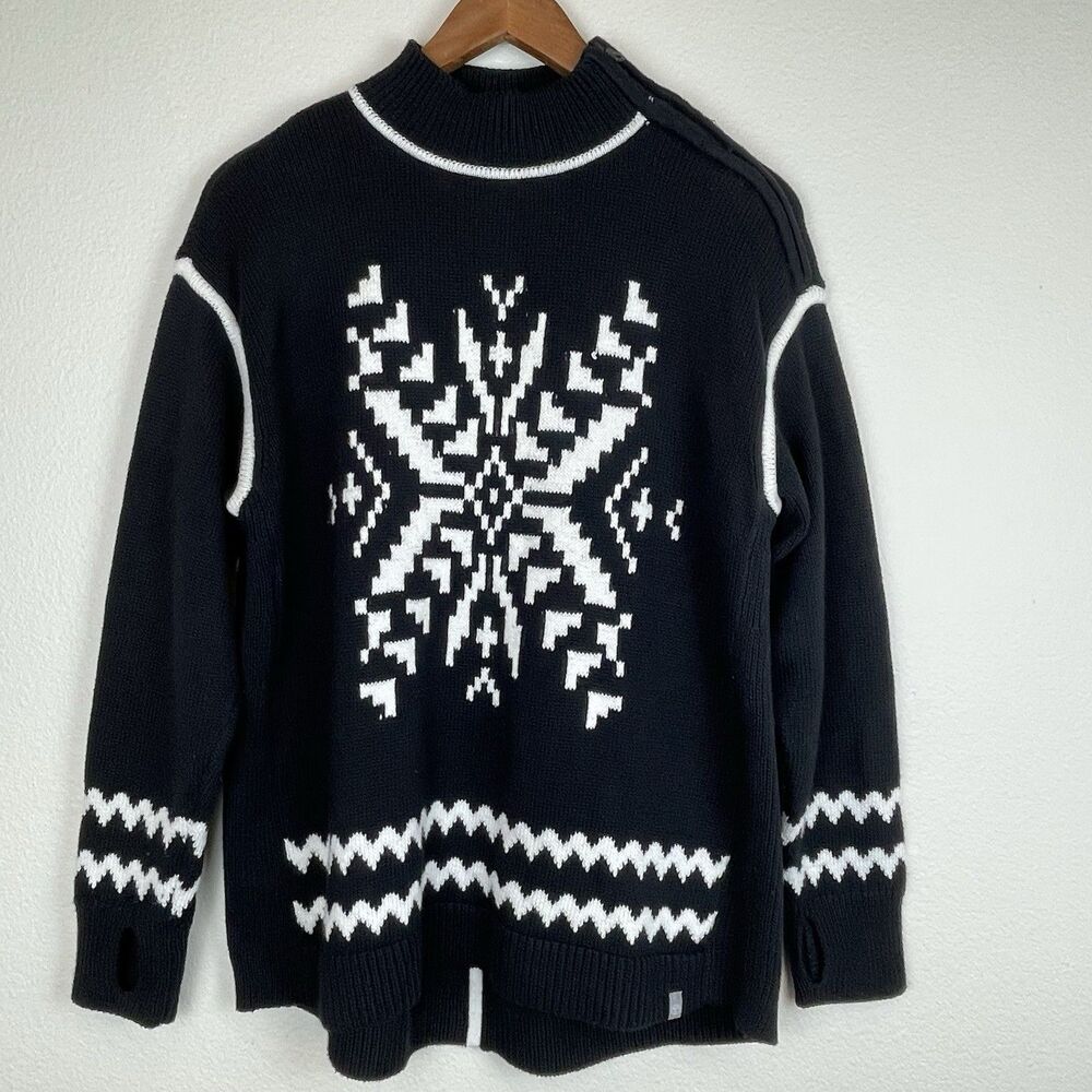 Talbots Snowflake Sweater Mock Neck  Black White Nordic Winter-L